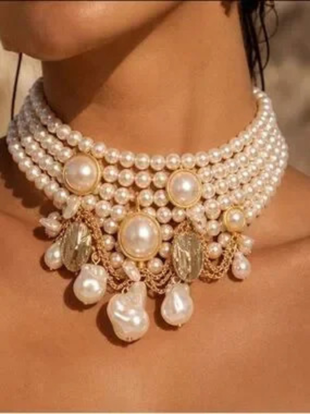 Opulent Baroque Pearl Choker Necklace with Gold Filigree Accents